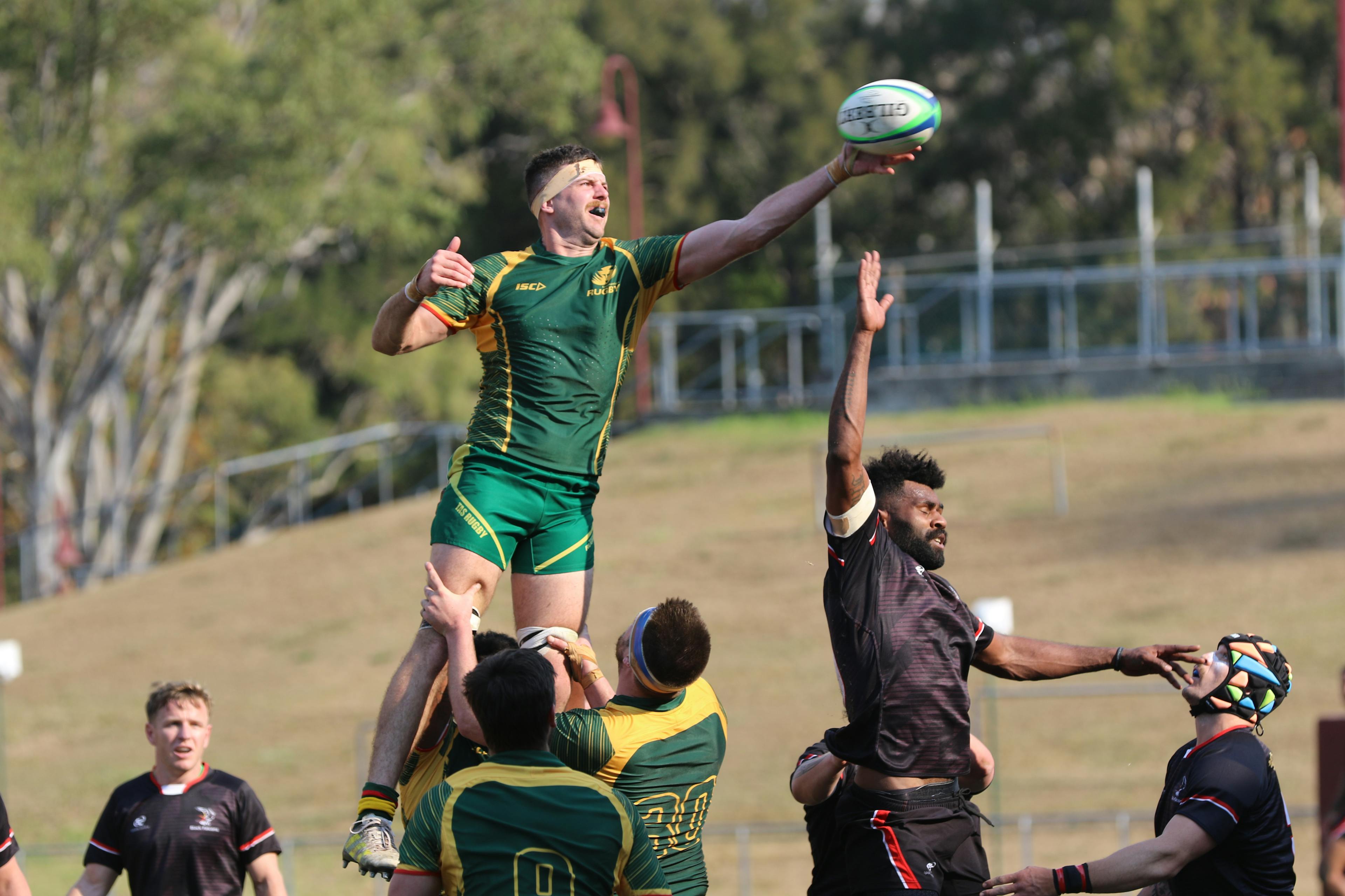 Tasmania vice-captain Ant Lean soars high against South Australia on Day 1 of the Australian Rugby Shield at Ballymore. Picture: Lachlan Grey